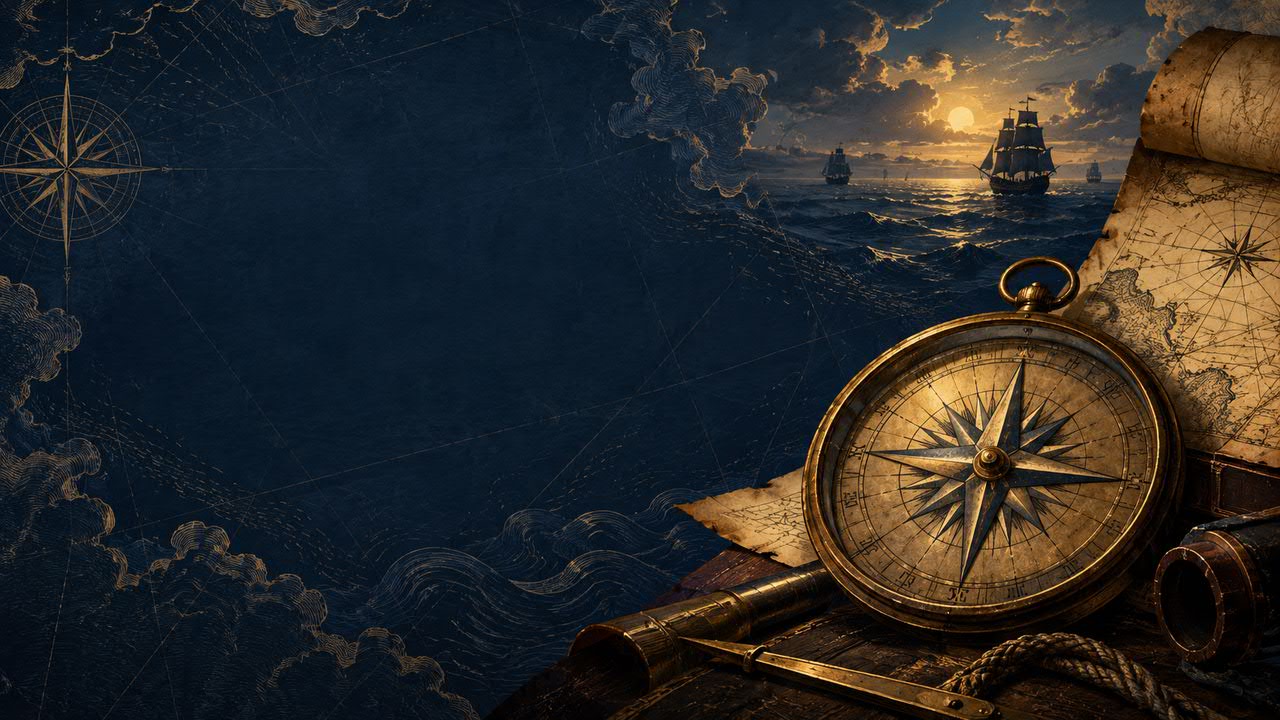 Illustration for the film “The Age of Discovery”: sailing ships on a dark sea at sunset, with an old brass compass, a spyglass and parchment charts in the foreground. Atmospheric art, not a map of any specific voyage.