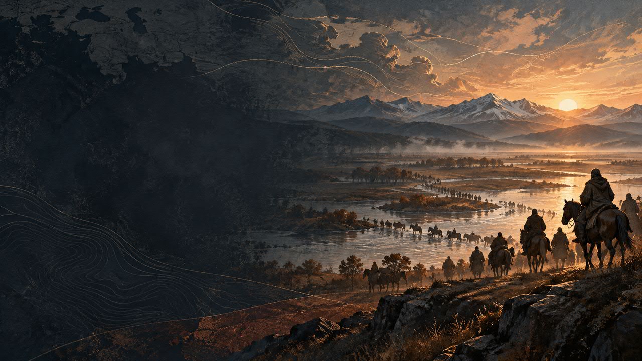 Illustration for the film “The Migration Period”: a long column of riders and pack animals crossing a wide river valley toward snow-capped mountains at sunrise. Atmospheric art of an anonymous migration, not a reconstruction of a specific people or event.