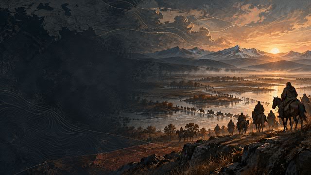 Illustration for the film “The Migration Period”: a long column of riders and pack animals crossing a wide river valley toward snow-capped mountains at sunrise. Atmospheric art of an anonymous migration, not a reconstruction of a specific people or event.
